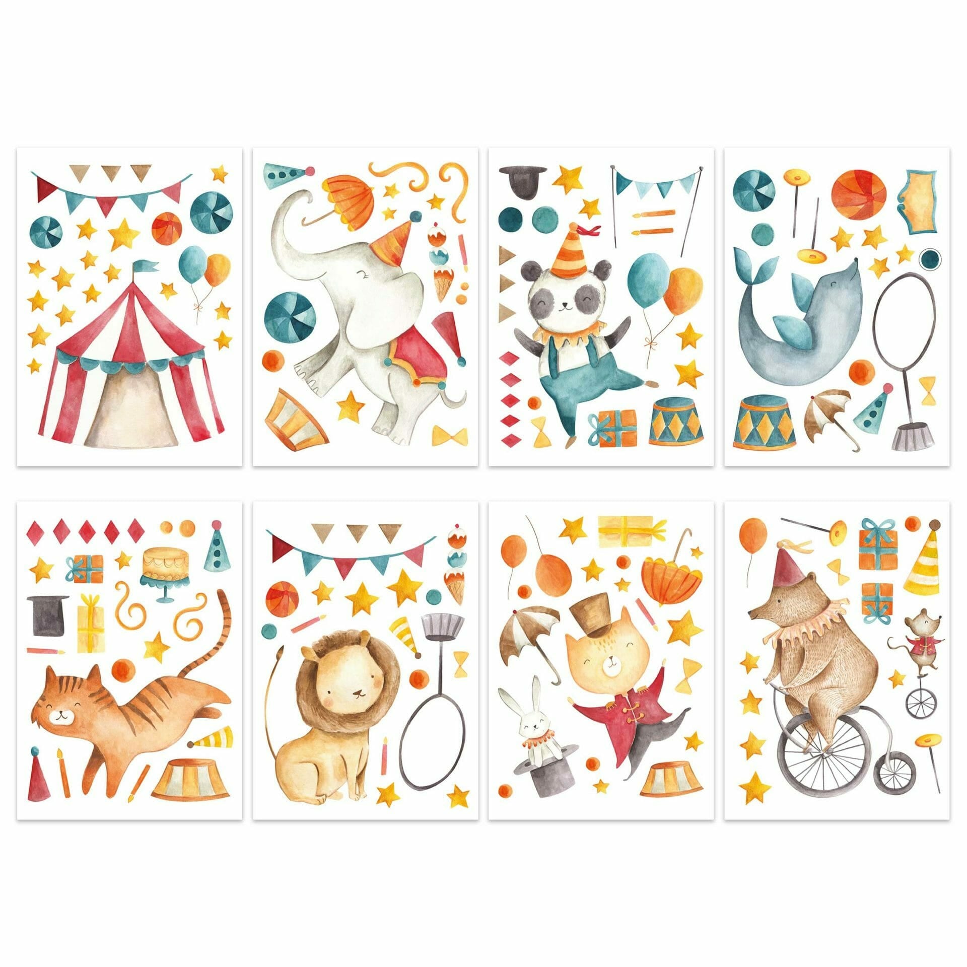 Papierdrachen Wandtattoos-Set Zirkus – für Glas, Spiegel, Kunststoff u. a. – Papier, mehrfarbig – 8-teilig