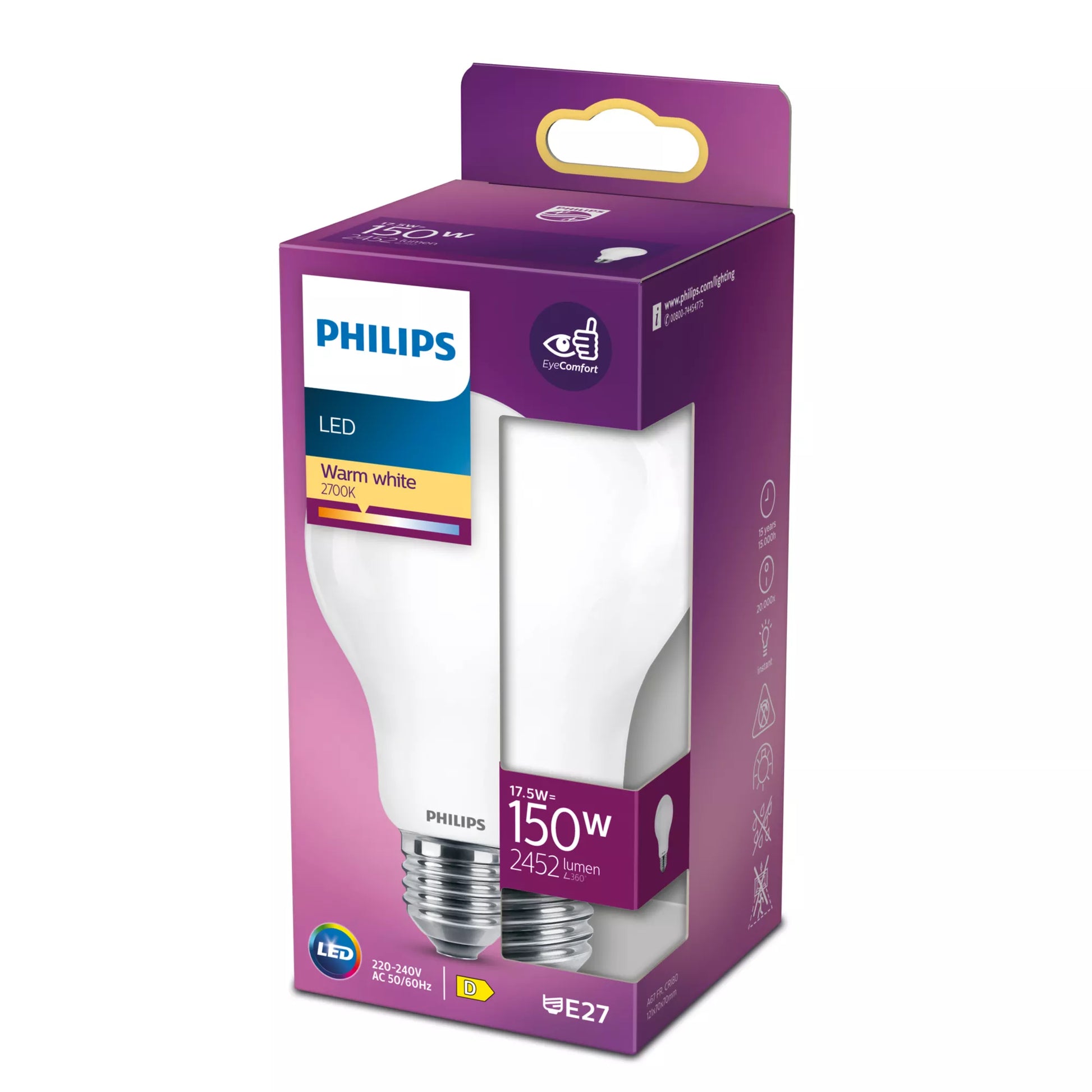 Philips by Signify Philips LED-Leuchtmittel E27 A-Form – Warmweiss 2700 K, 2452 lm, 17,5 W – 1 Stk. – Weiss, Glas
