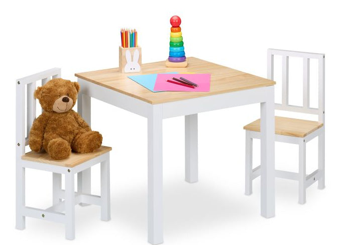 Relaxdays Kinderstuhl – 57 × 57 × 51,5 cm, quadratisch – MDF & Kiefernholz – natur/weiss – mit 2 Stühlen