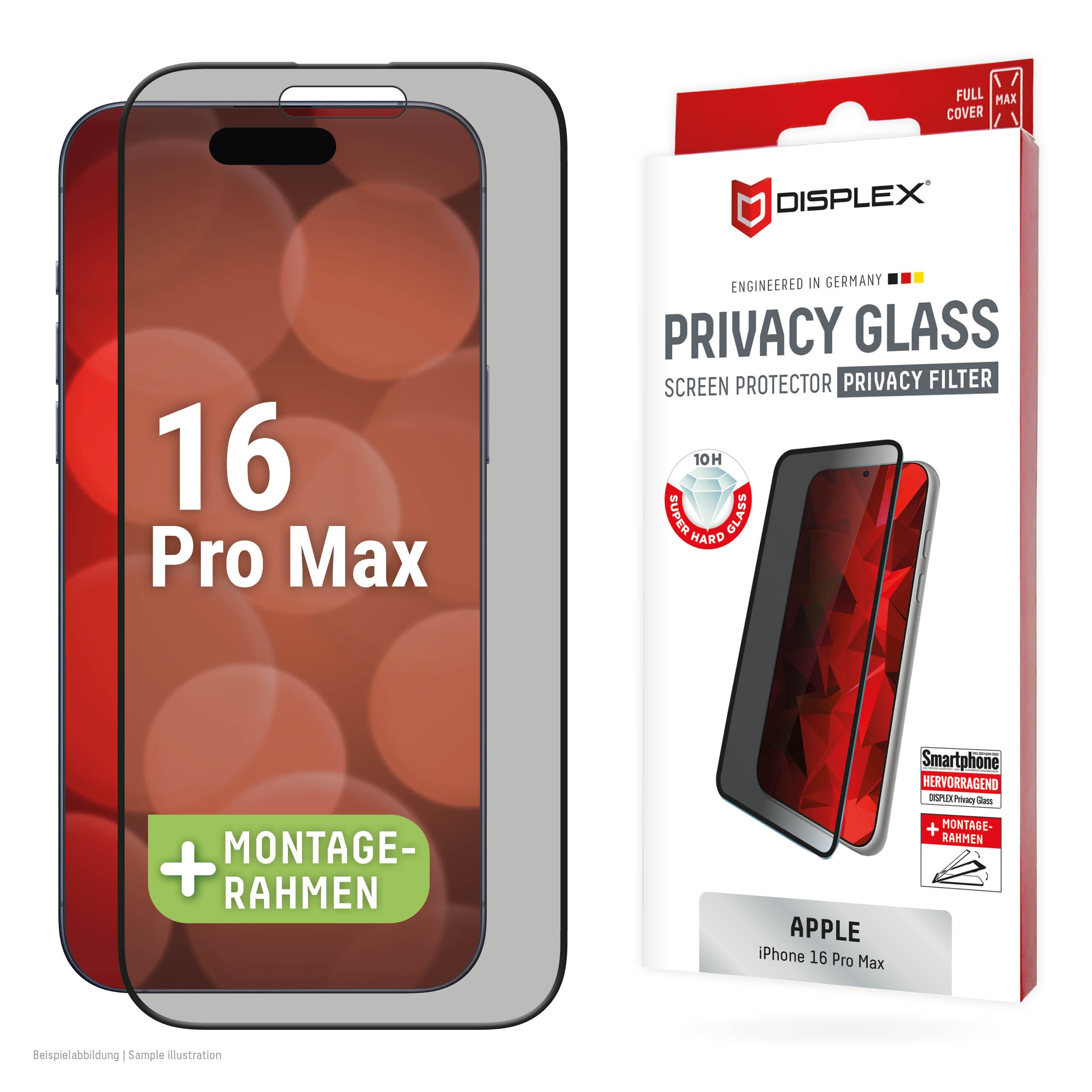 Displex Privacy-Filter (Panzerglas), Full Cover – für iPhone 16 Pro Max – mit Applikator