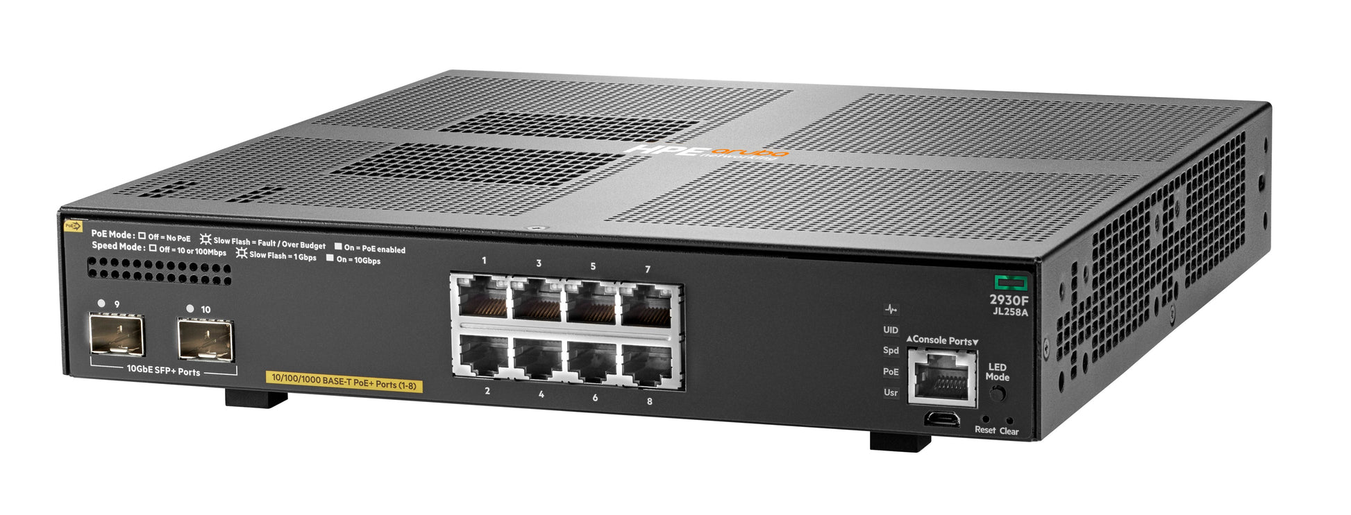 HPE Aruba 2930F-8G JL258A – Managed Switch – 8×GbE, 2×SFP+, L3, PoE+ 135 W, 1U