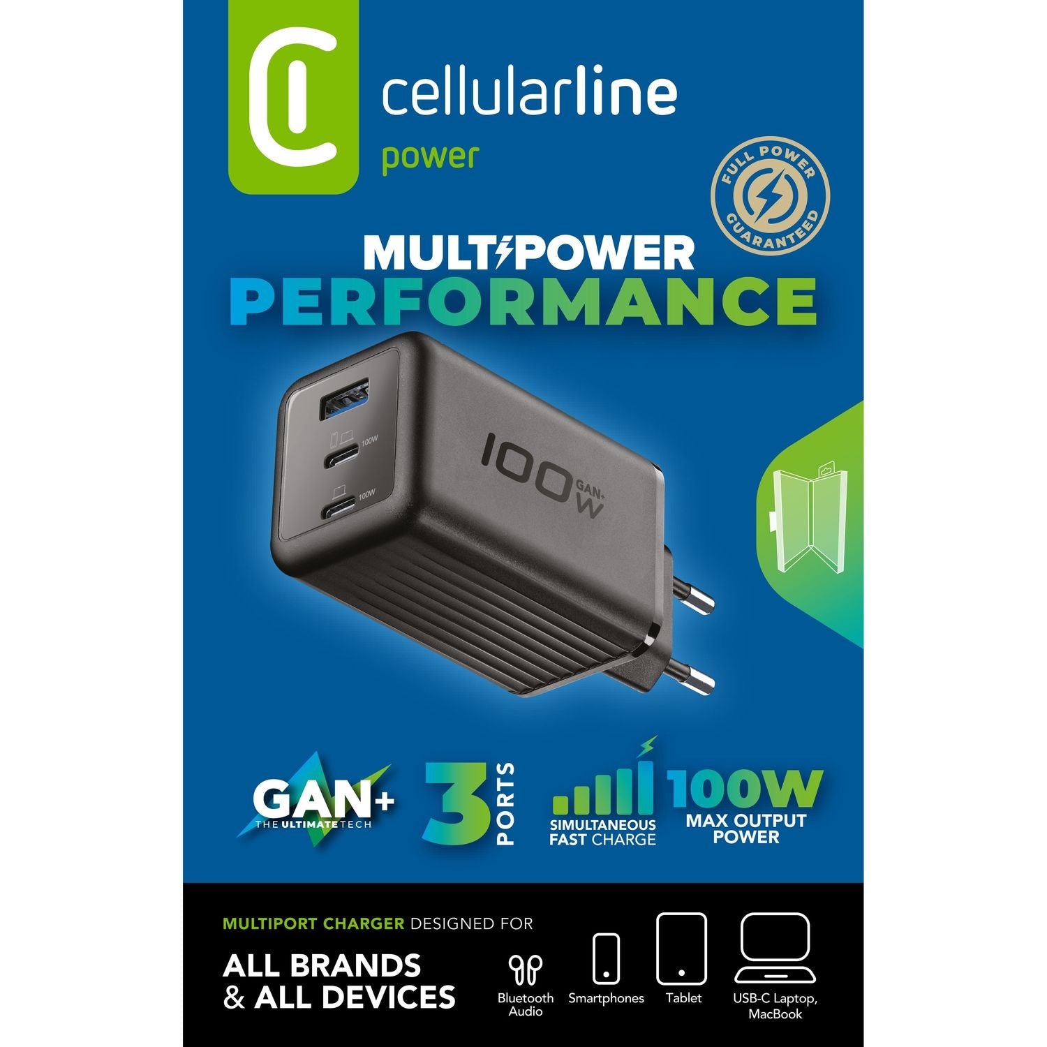 Cellularline ACH USB-Wandladegerät 100 W – USB-C×2, USB-A×1 – PD, GaN
