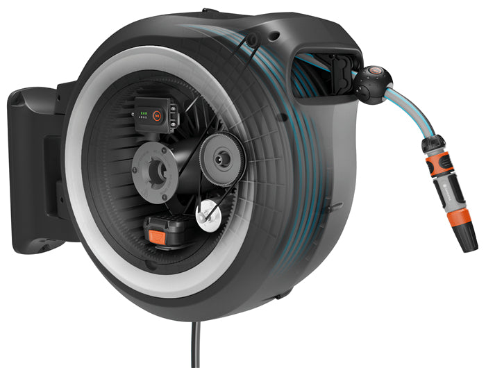 Gardena PowerRoll Schlauchbox 35 m – Akku, Wandmontage, frostbeständig, für Bosch 18 V POWER FOR ALL