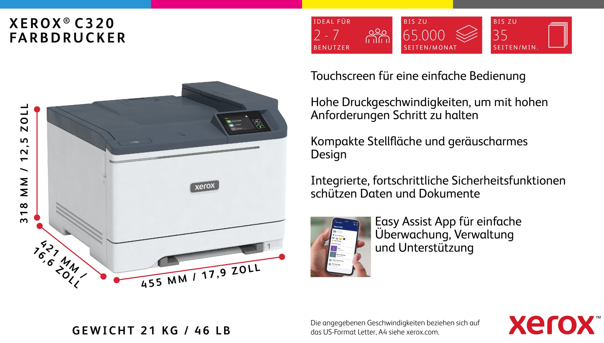 Xerox C320 – Farbe, A4, Duplex, WLAN, LAN, USB, 35 ppm, AirPrint, Mopria