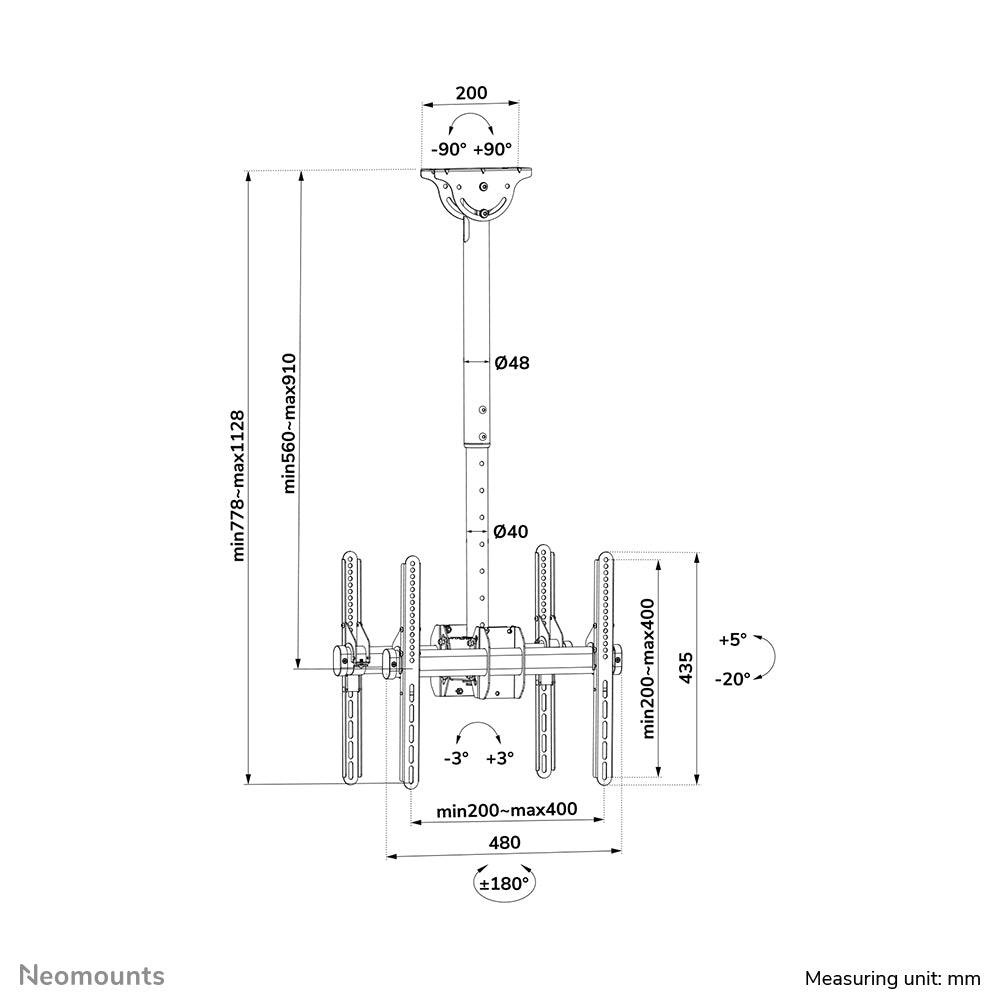 Neomounts Deckenhalterung – Back-to-Back – 32–60" – VESA 200×200–400×400 – bis 45 kg, Teleskopmast