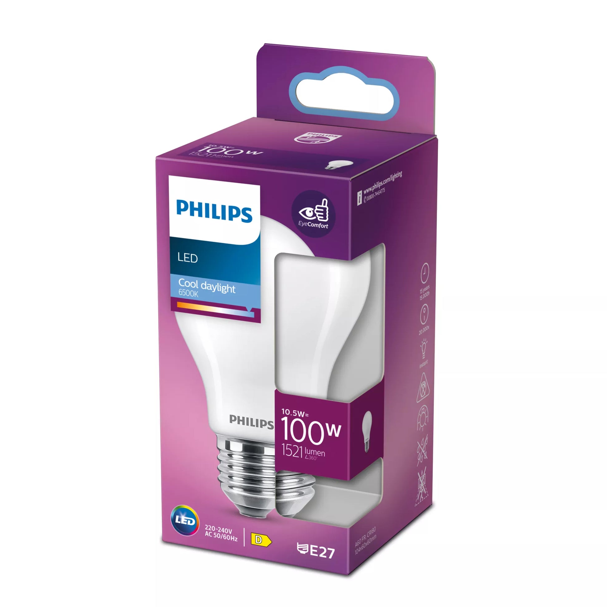 Philips by Signify Philips LED-Leuchtmittel E27 A-Form – 1521 lm, 10,5 W, Kaltweiss 6500 K – 1 Stk., Weiss, Glas