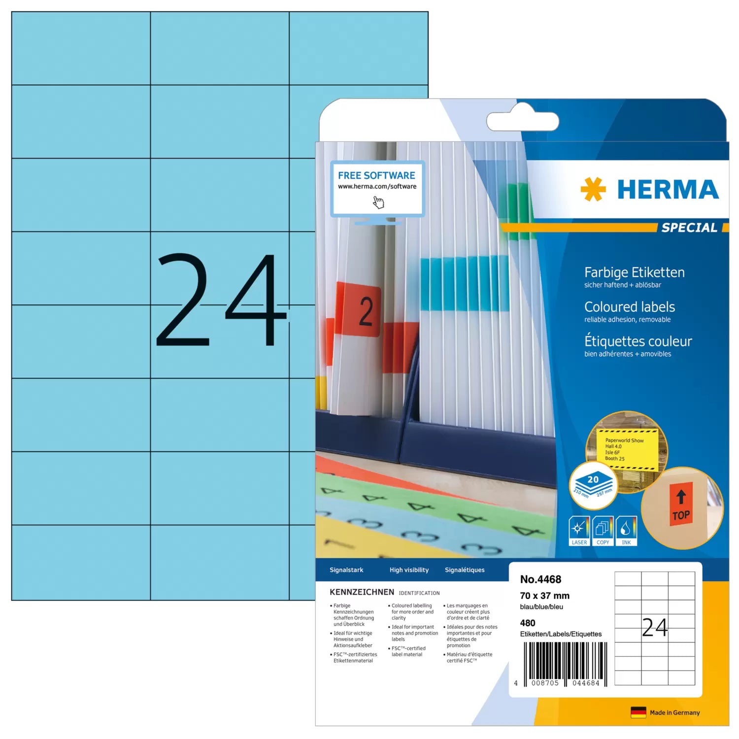 HERMA Druckeretiketten, 70 mm × 37 mm, blau, Papier, wiederablösbar, 480 Etiketten (20 Blatt)