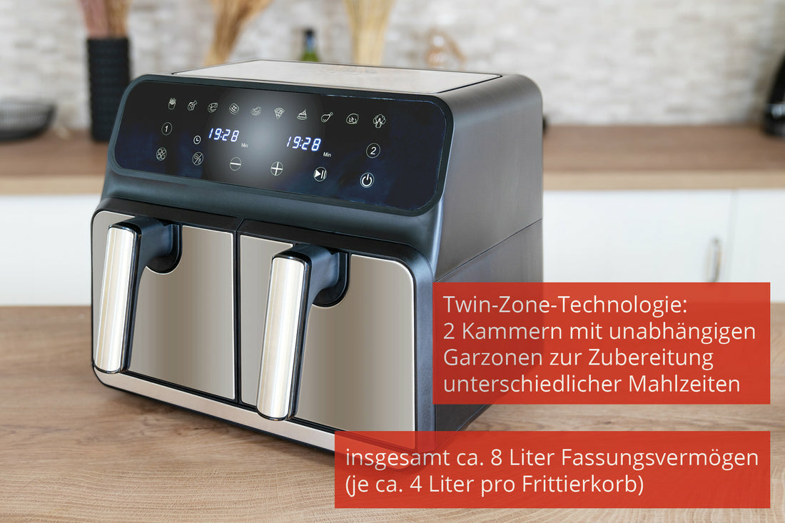 Unold Heissluftfritteuse TWIN ZONE 58685 – 8 l, Doppelkammer, 1700 W – Schwarz/Grau