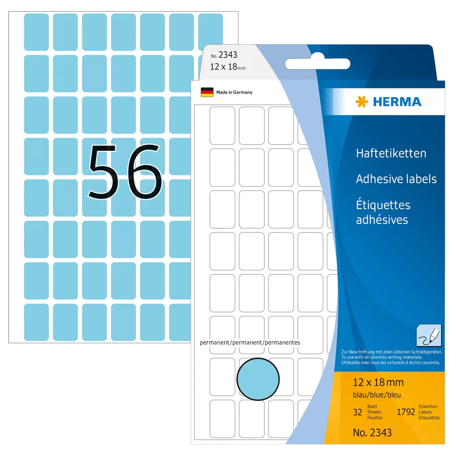 HERMA Haftetiketten – rechteckig 12 × 18 mm, stark haftend, blau, Bogen 111 × 170 mm, 32 Blatt (1'792 Stk.)