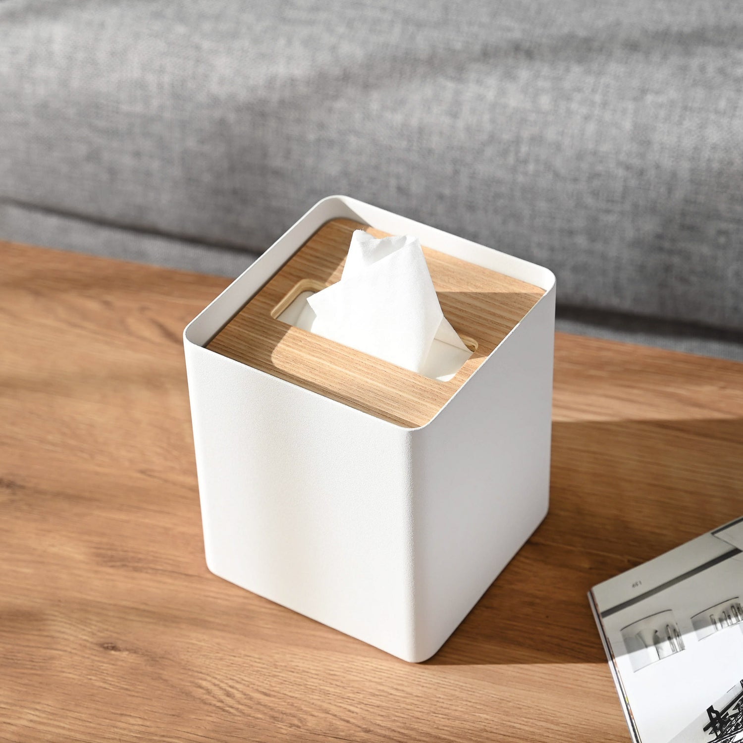 Yamazaki Kosmetiktuchbox – 13×13×15,5 cm, Stahl/Sperrholz, freistehend, Weiss