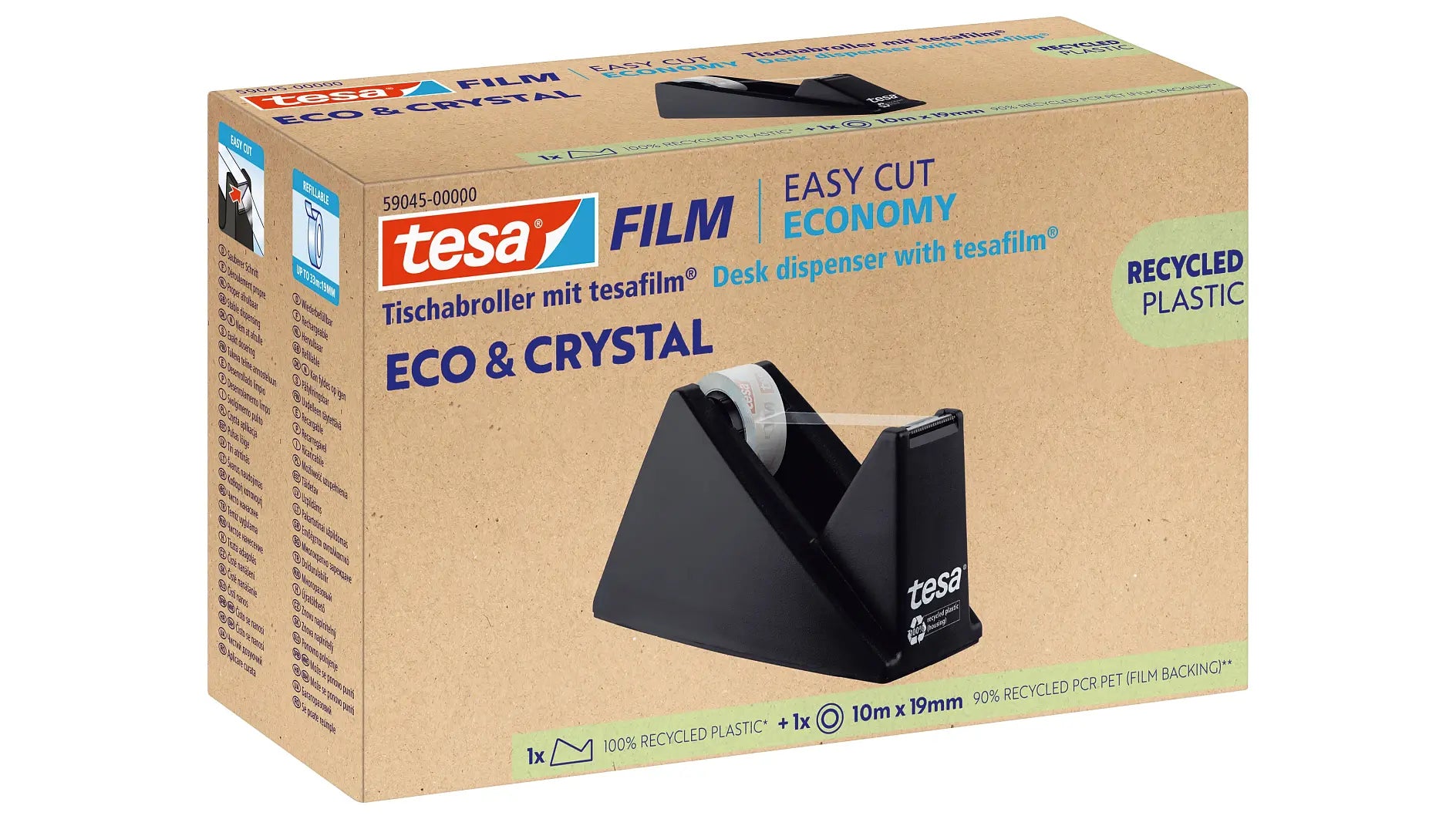 TESA Tischabroller Tesafilm Eco & Crystal – für Klebeband bis 19 mm × 33 m, inkl. 1 Rolle, Kunststoff (PS)