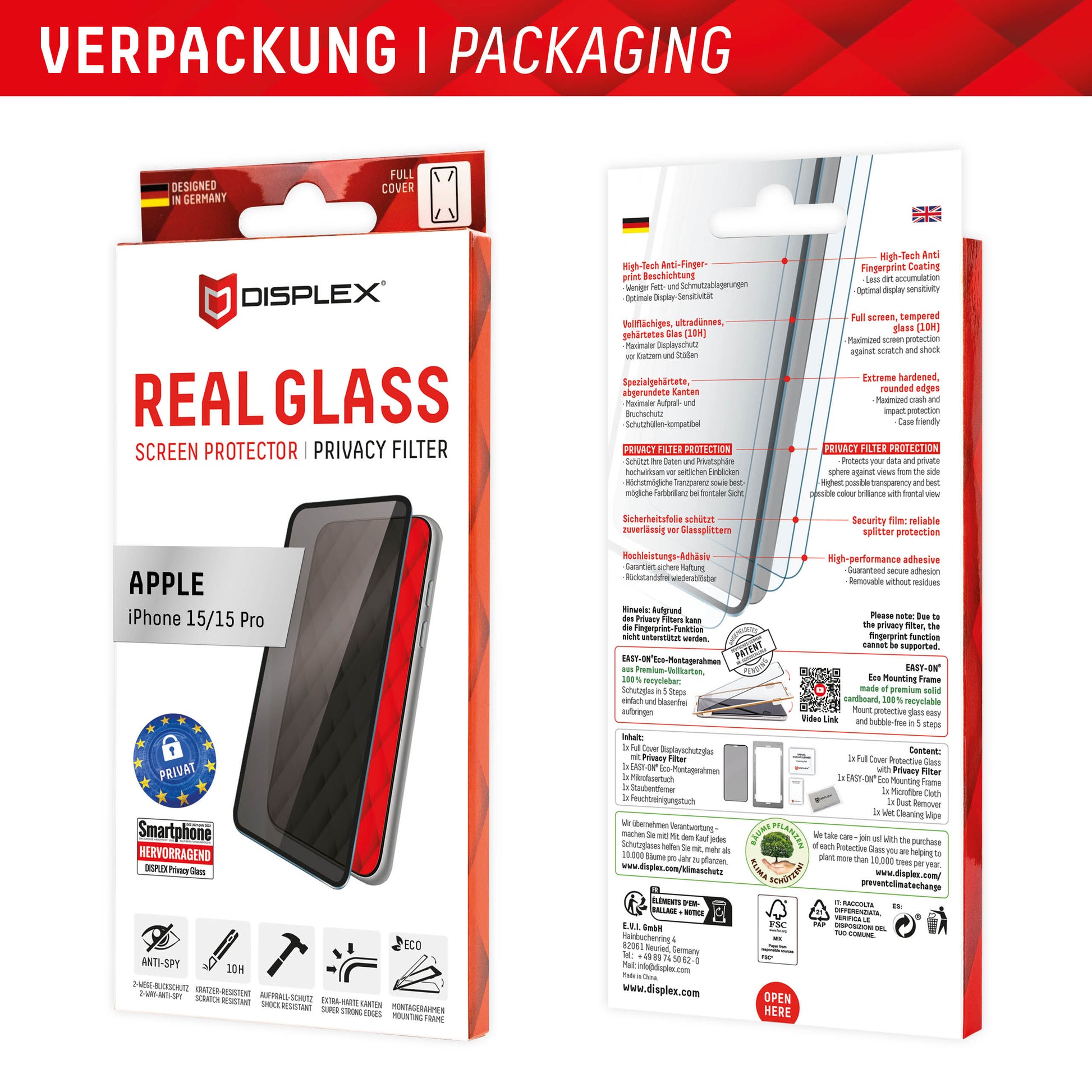 EVI Bildschirmschutzfolie – Displex Privacy Glass, Private Filterungsfunktion, iPhone 15/15 Pro