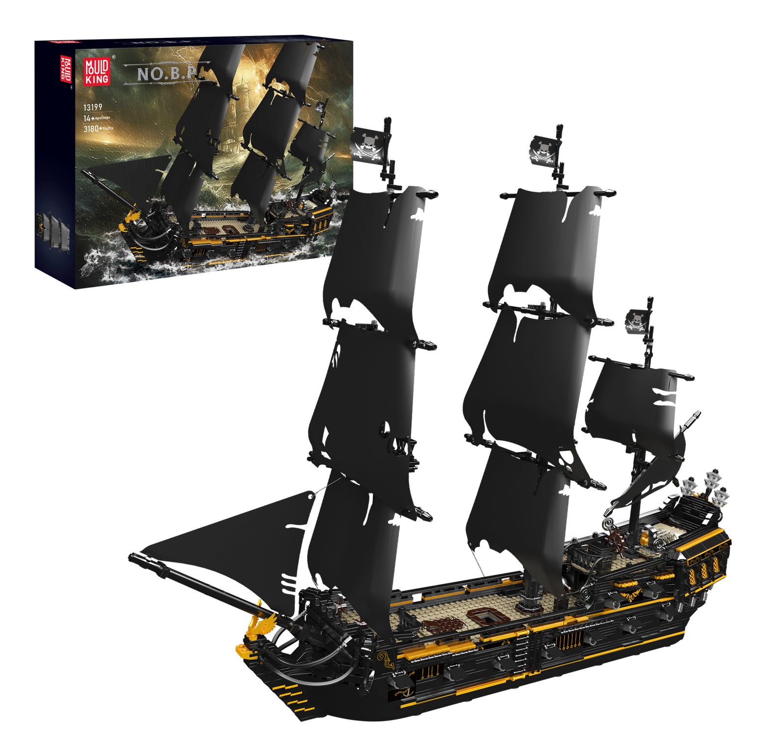 Mould King 3D Puzzle Piratenschiff – 3'180 Teile – 25,5 × 61,2 × 76,3 cm – ab 14 J. – Kunststoff – schwarz/gelb