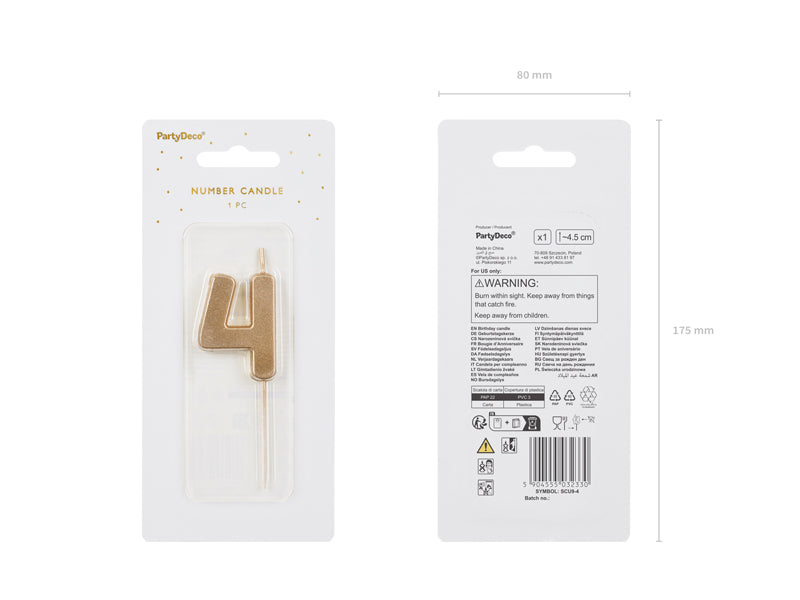 PartyDeco Geburtstagskerzen Zahl 4 – Gold – 4,5 cm – 1 Stk