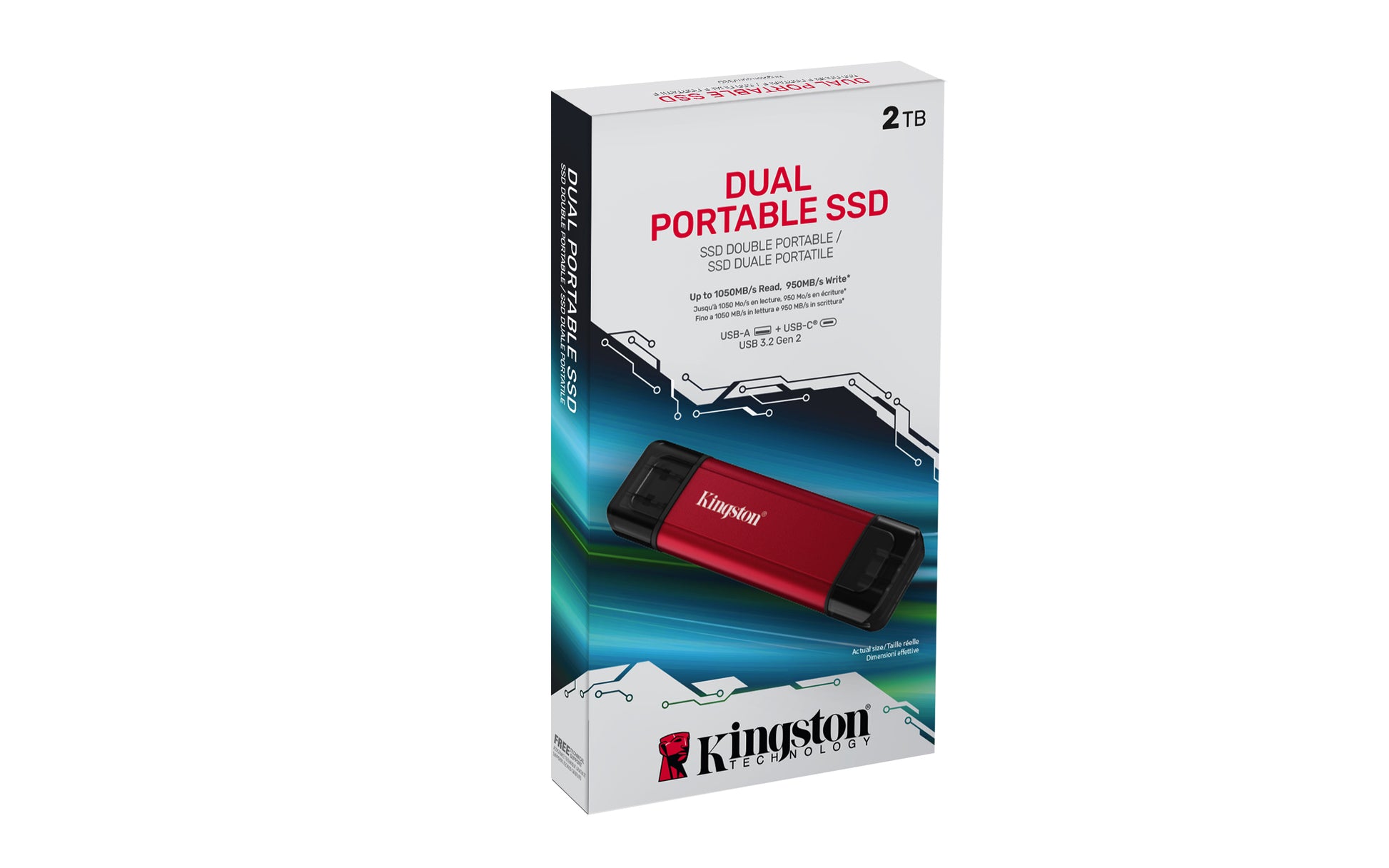 Kingston Technology Kingston 2 TB Dual USB-A/USB-C Tragbare SSD – 1'050 MB/s, USB 3.2 Gen 2