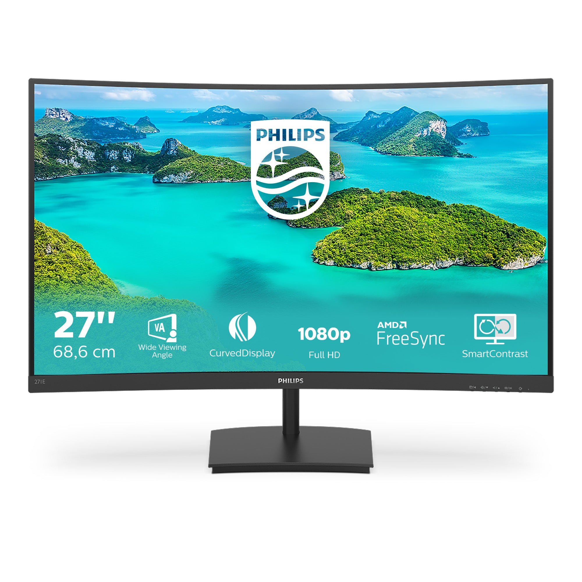 Philips 271E1SCA – Monitor, 27", Curved, 75 Hz, 250 cd/m², Integrierte Lautsprecher, VESA 100 × 100, Schwarz