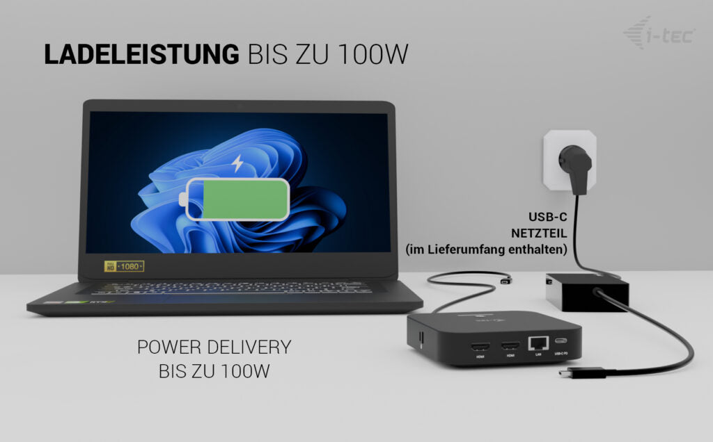 i-tec USB-C Dual HDMI DS Dockingstation – USB-C, 2× HDMI, 4× USB-A, 3× USB-C, 100 W PD, GbE, 3,5 mm Audio, für
