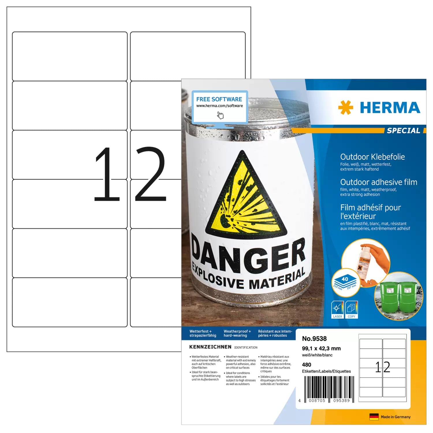 HERMA Selbstklebende Etiketten, 99 mm × 42 mm, weiss, Folie, extra stark, 40 Blätter (480 Etiketten)