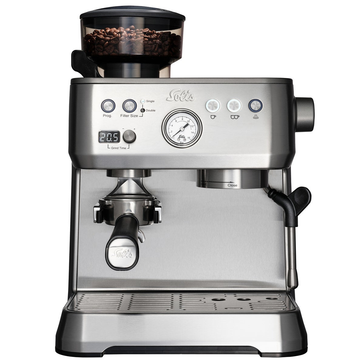 Solis Grind & Infuse Perfetta 980.35 Siebträgermaschine – 16 bar, 2,6 l, 250 g, 2 Tassen, Silber