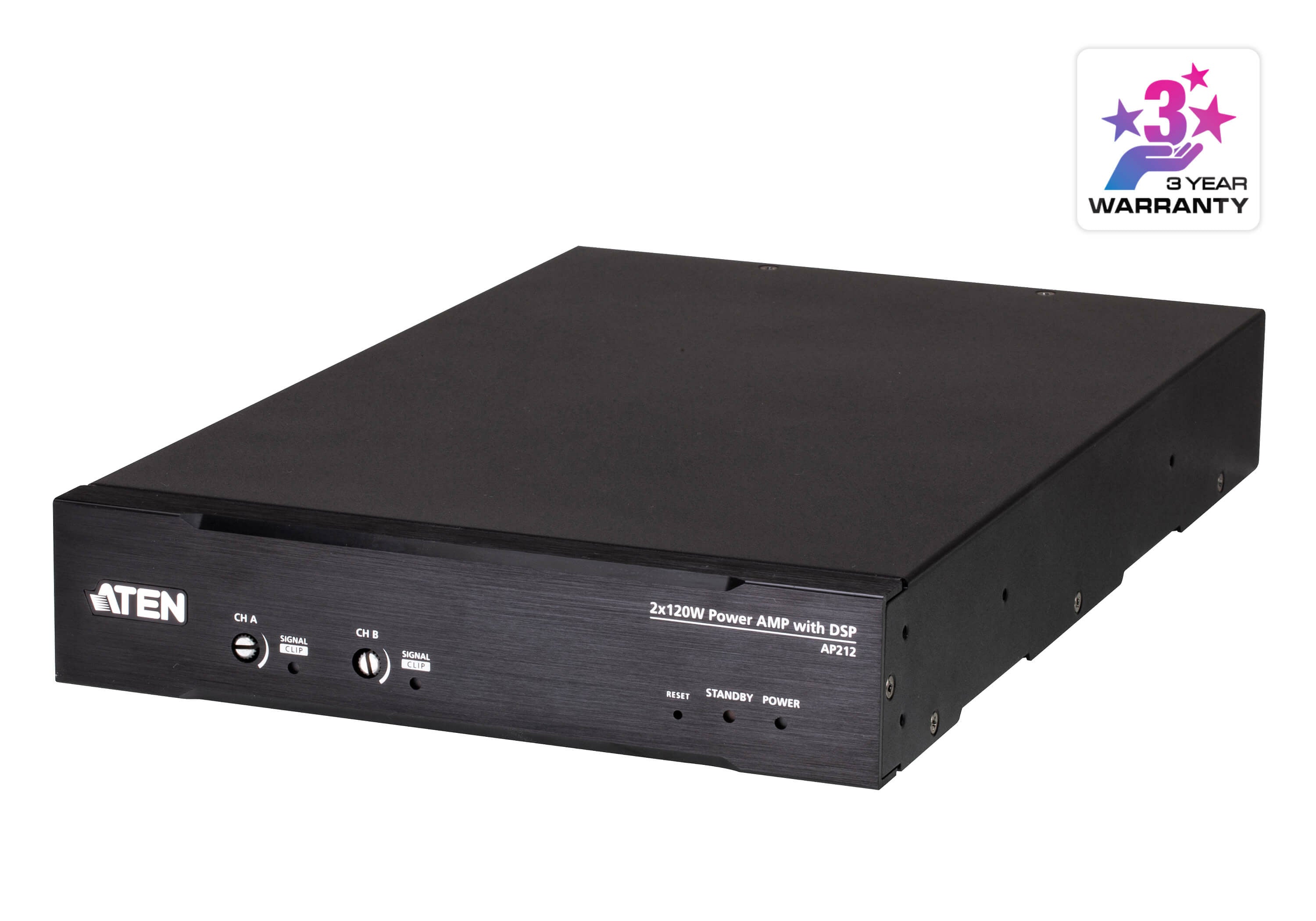 ATEN AP212 – Stereo-Vollverstärker, 2×120 W (8 Ω), Euroblock, RS-232, Schwarz
