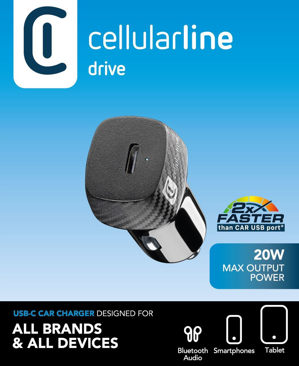 Cellularline USB-C Auto Power Auto-Ladegerät 20 W – USB-C×1 – PD – KFZ-Stecker (12 V) – Schwarz