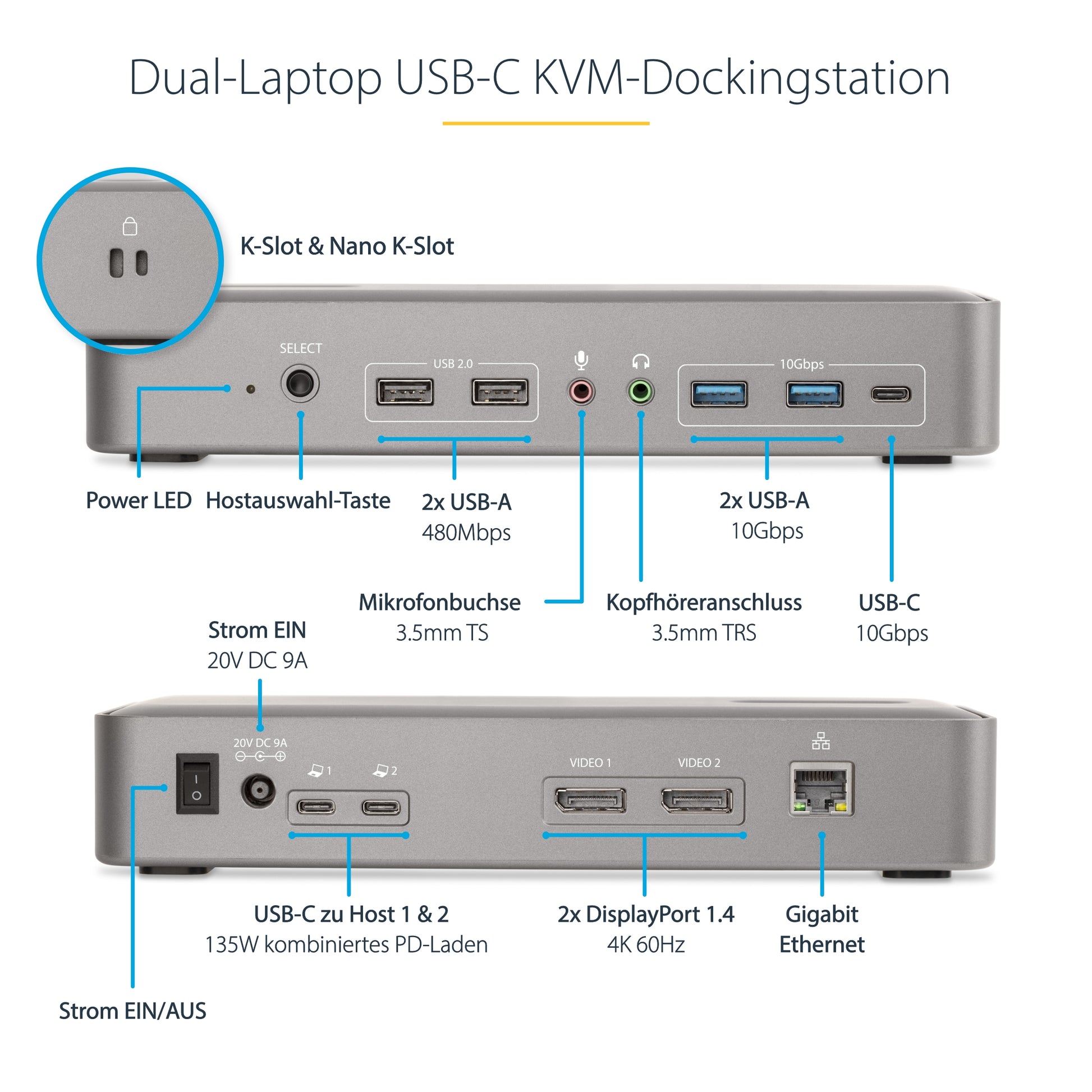 StarTech.com 129UE-USBC-KVM-DOCK – 2-Port DP Dual-View KVM-Switch – 4K/60 Hz, für Windows/macOS/Linux