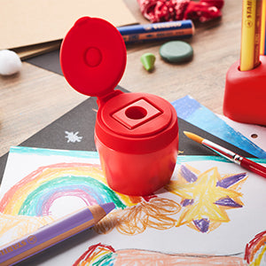 STABILO Spitzer – manuell, 1-Loch, mit Behälter, für Farbstifte Ø 15 mm, Kunststoff, rot, woody 3 in 1