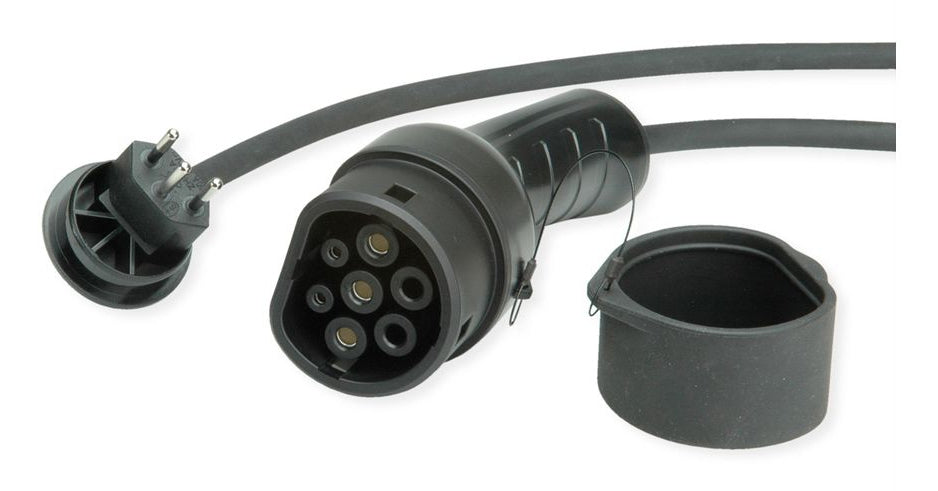 ROLINE Elektroauto-Ladekabel Stromkabel – T12 (Typ J)–Typ 2, 5 m, 250 V/10 A, IP54, Schwarz