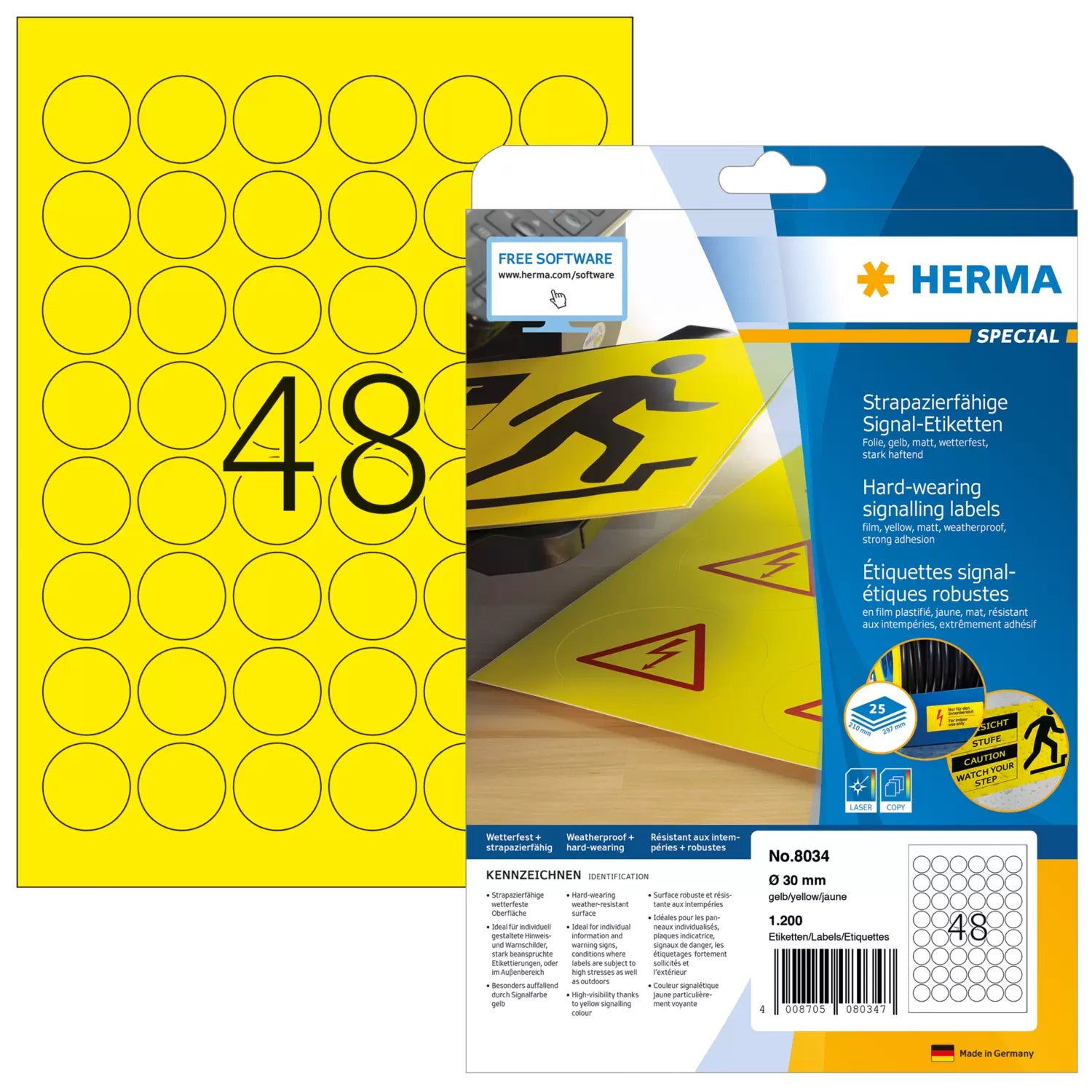 HERMA Etiketten A4 Ø 30 mm – Folie, matt, gelb – extra stark – Laser – 48/Blatt, 25 Blätter (1'200 Stk.)