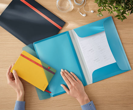 Leitz Gummibandmappe A4 – Karton, Blau, Innentasche, bis 150 Blatt