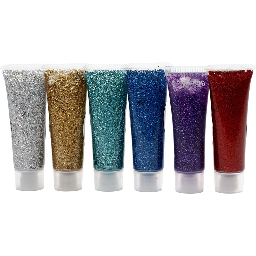 Eulenspiegel Glitzergel Schminke – Mehrfarbig, Glitter – 6 Farben, 6×18 ml (108 ml) – für Schminken