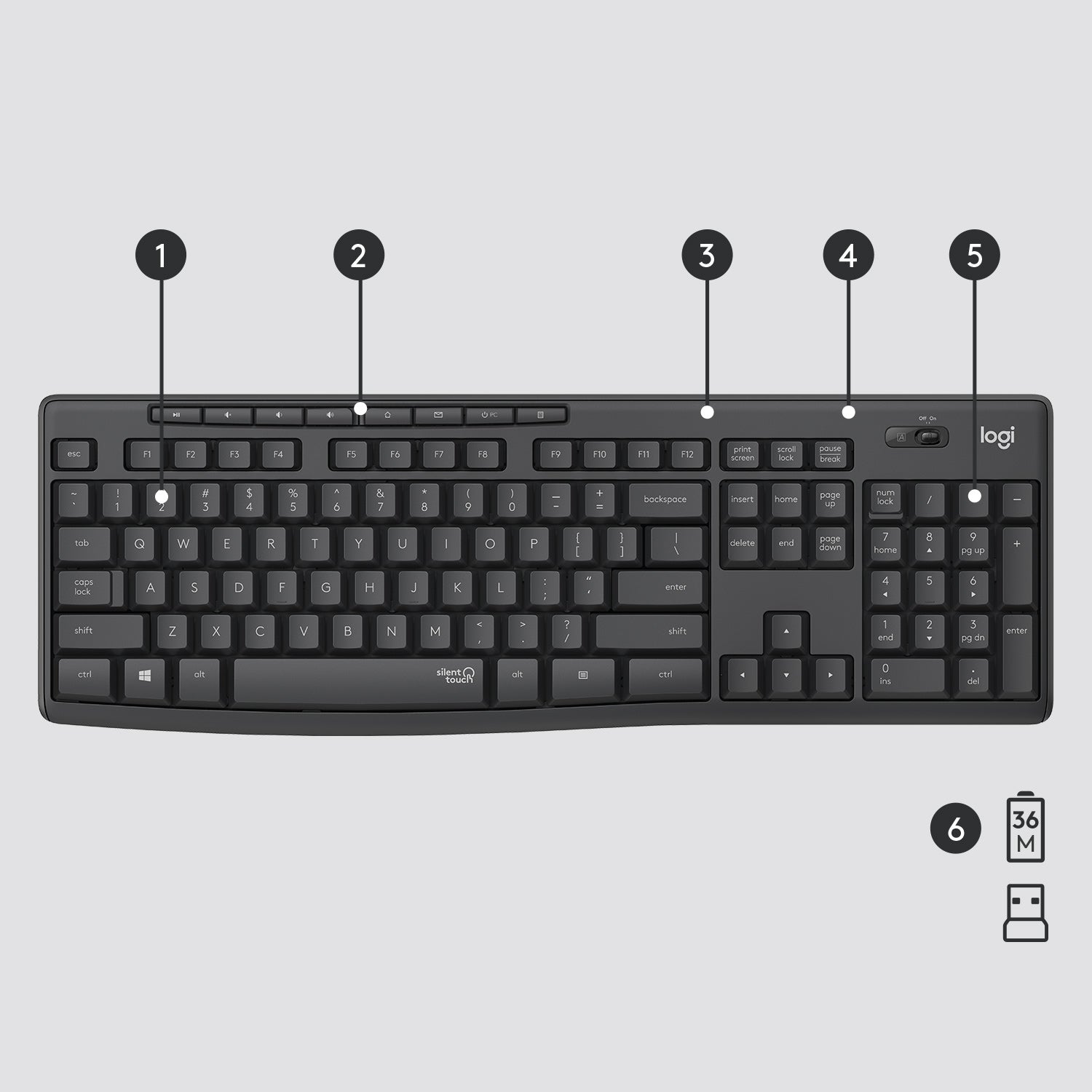Logitech MK295 Silent – Tastatur-Maus-Set – 2,4 GHz USB-A (Nano-Empfänger) – QWERTY (US-INT) – Graphit