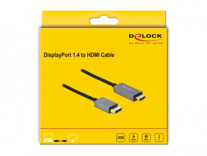 DeLOCK DisplayPort auf HDMI Kabel DP 1.4 4K 60 Hz – 2 m – aktiv, HDR – Schwarz/Grau