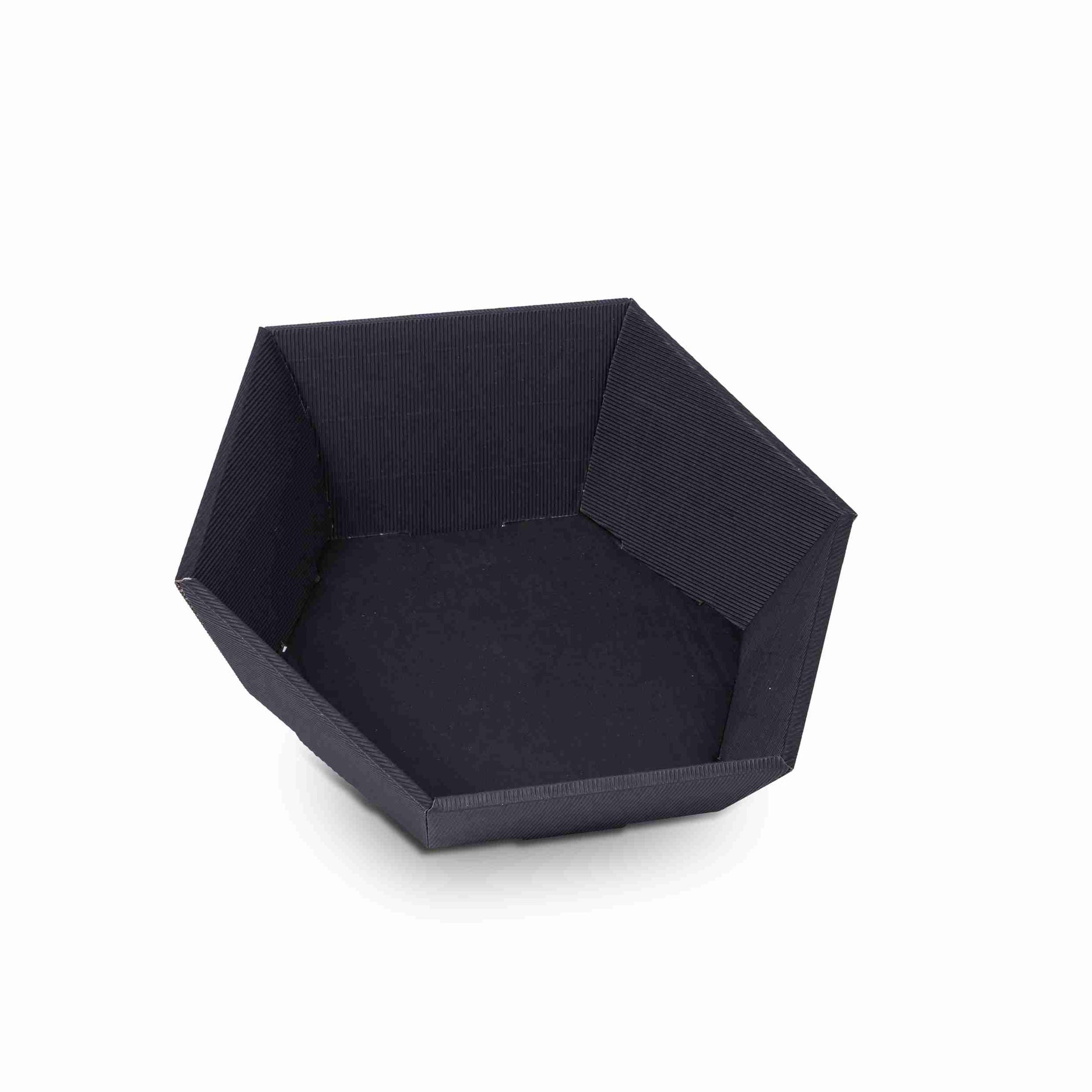 Model Geschenkkorb sechseckig Wellpappe schwarz – Innenmass 380 × 75 × 340 mm – selbstschliessend – 1 Palette (300 Stk.)
