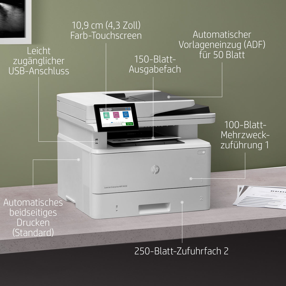 HP LaserJet Enterprise MFP M430f – SW-Laser-Multifunktionsdrucker, A4, 4-in-1, Duplex, ADF, WLAN/LAN
