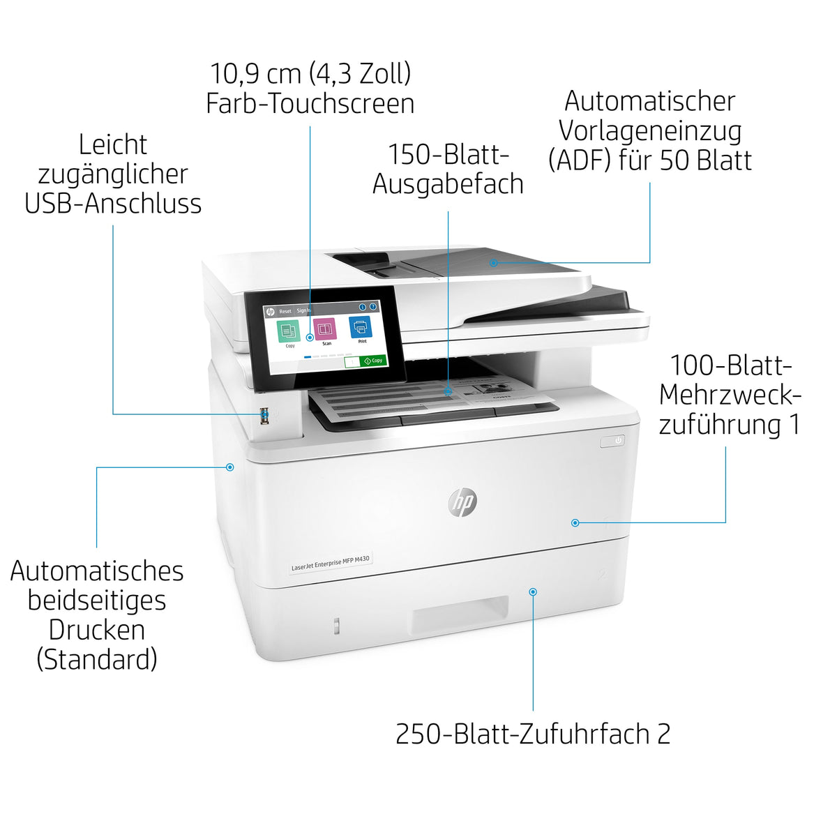 HP LaserJet Enterprise MFP M430f – SW-Laser-Multifunktionsdrucker, A4, 4-in-1, Duplex, ADF, WLAN/LAN