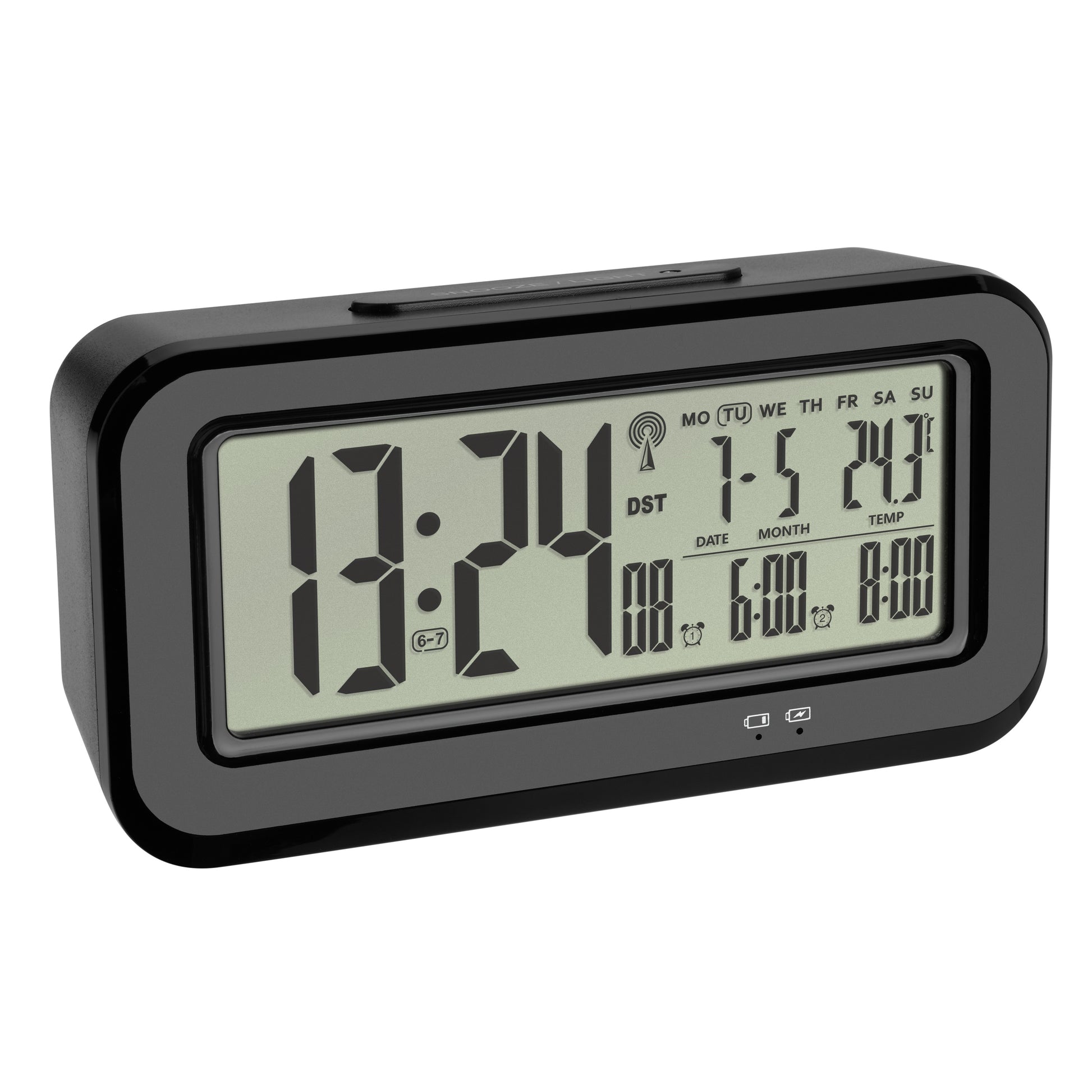 TFA-Dostmann TFA Dostmann BOXX Digitalwecker – Funk, Snooze, Thermometer, USB, 14,2 × 7,3 × 4,5 cm, Schwarz