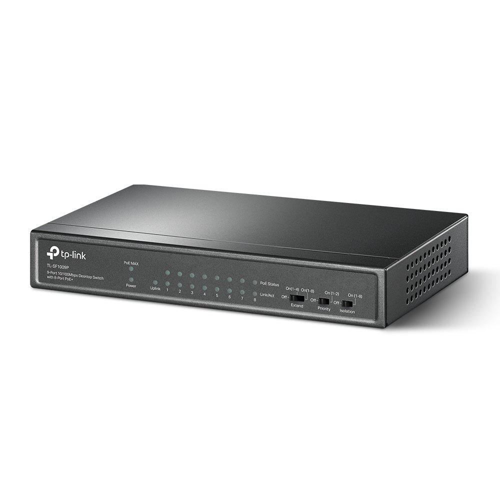 TP-Link TL-SF1009P – Unmanaged Switch – 9× 10/100, 8× PoE+, PoE-Budget 65 W, Desktop
