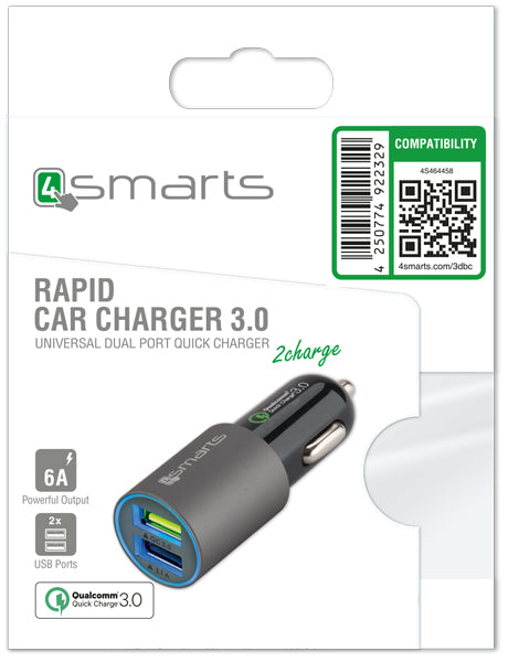 4smarts 4S464458 Auto-Ladegerät 18 W – USB-A×2 – QC 3.0, 12V KFZ-Stecker – für Smartphones & Tablets – Grau