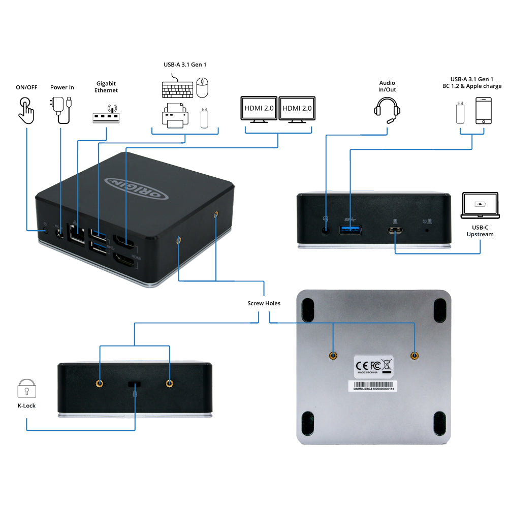 Origin Storage OSDOCK-MMUSBCA Dockingstation – USB-C/USB-A, 2× HDMI, 3× USB-A, 1× USB-C, 85 W PD