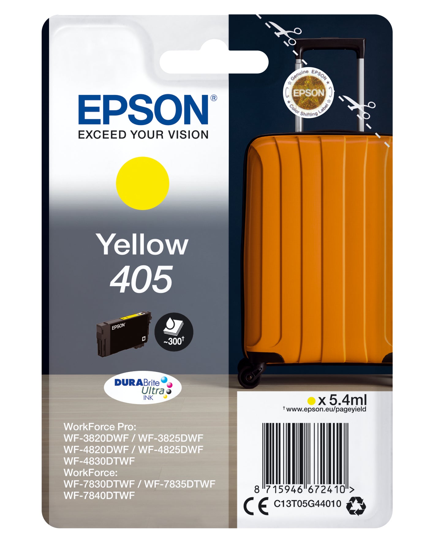 Epson 405 Gelb Tintenpatrone (Original) – 300 Seiten – für WorkForce WF-7830DTWF/7835DTWF/7840DTWF