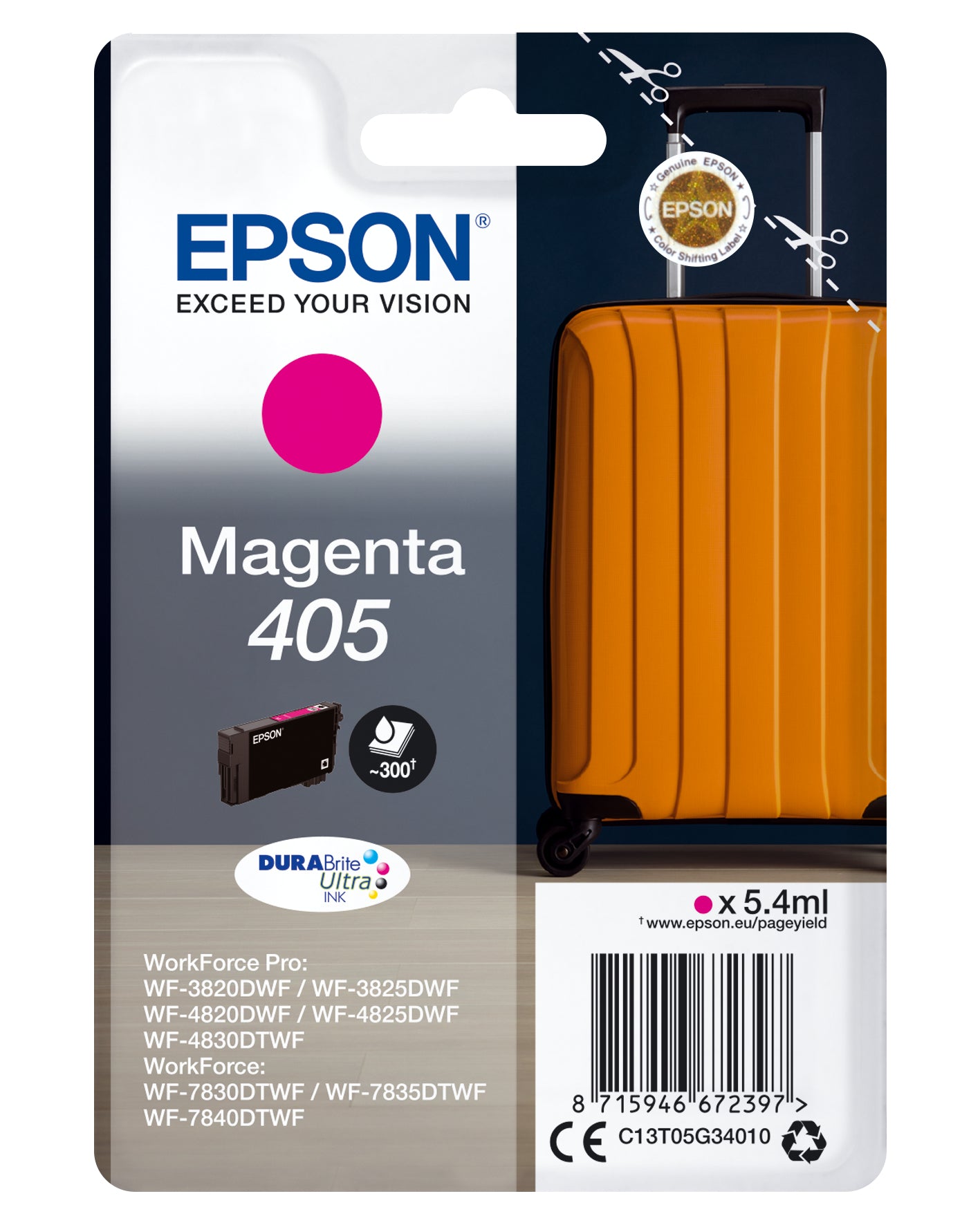 Epson 405 Magenta Tintenpatrone (Original) – 5,4 ml – für Epson WF-3820DWF/WF-3825DWF/WF-4820DWF …
