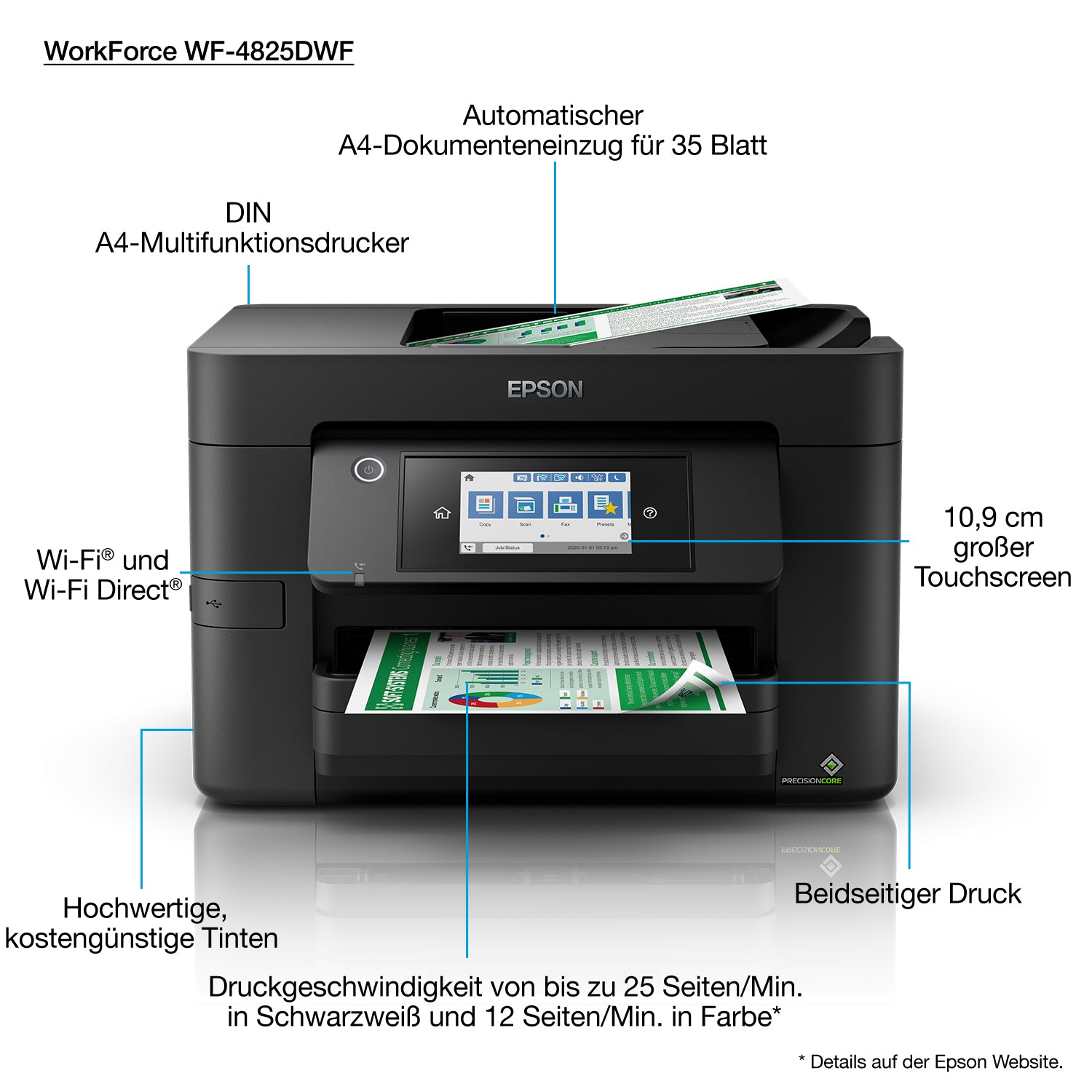 Epson WorkForce Pro WF-4825DWF – Farbtintenstrahl-Multifunktionsdrucker, A4, 4-in-1, Duplex, ADF, WLAN/LAN