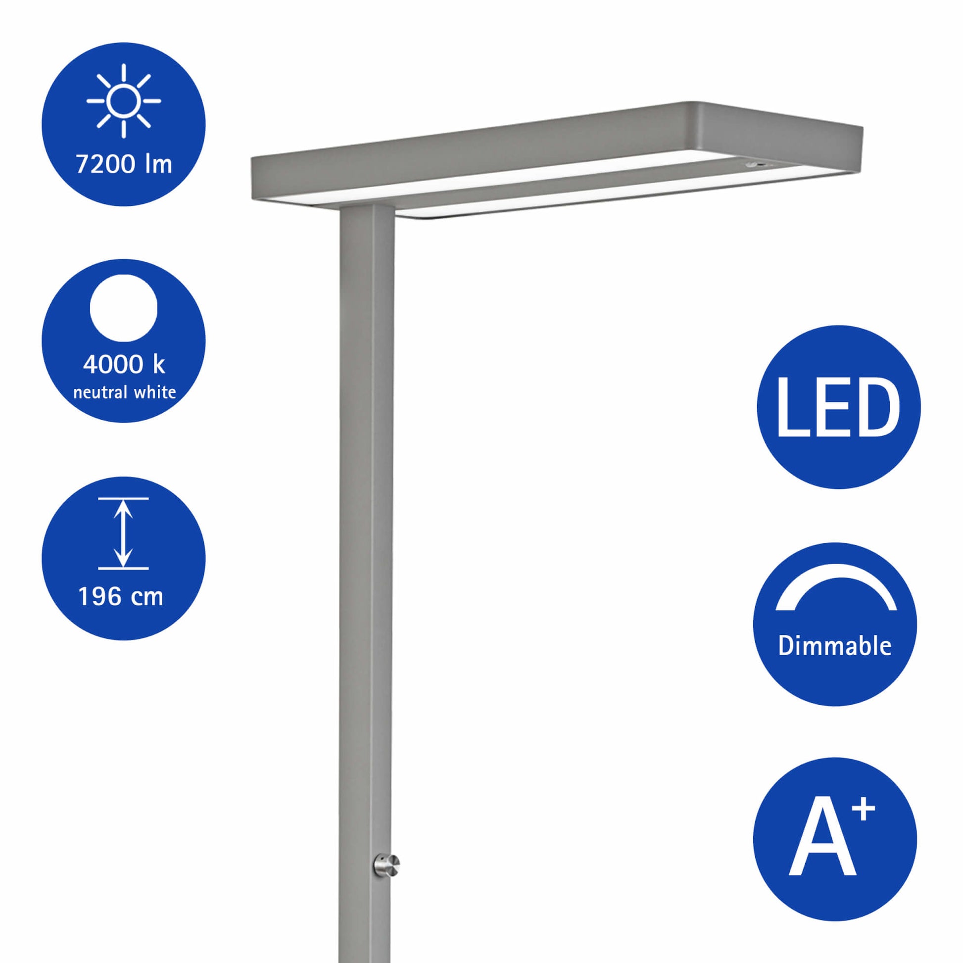 MAUL LED-Stehleuchte Juvis – Bewegungssensor, dimmbar – 4000 K – 13'060 lm 68 W – Silber Aluminium