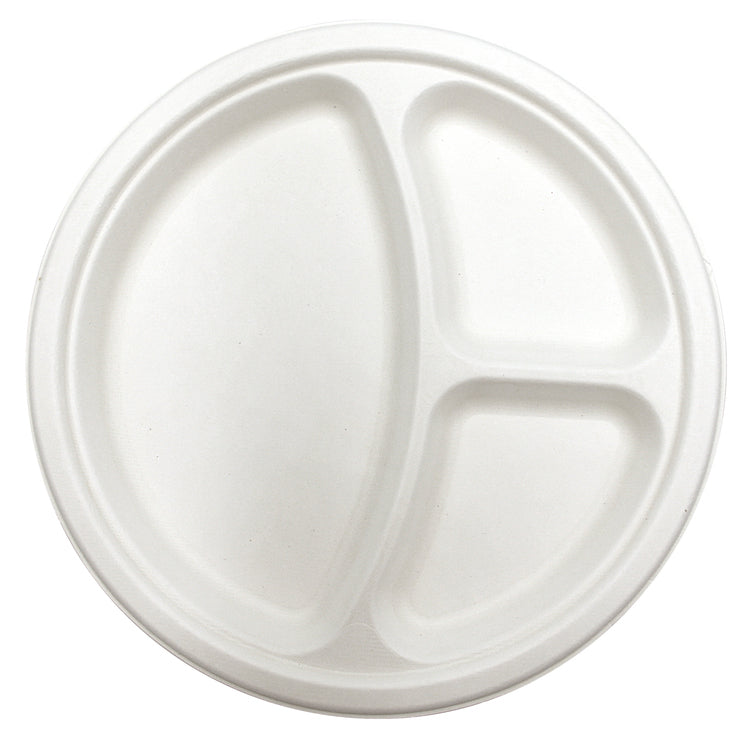 Verive Teller, Bagasse (Zuckerrohr), 3-geteilt, rund – Ø 26 cm, weiss – kompostierbar – 50 Stk.
