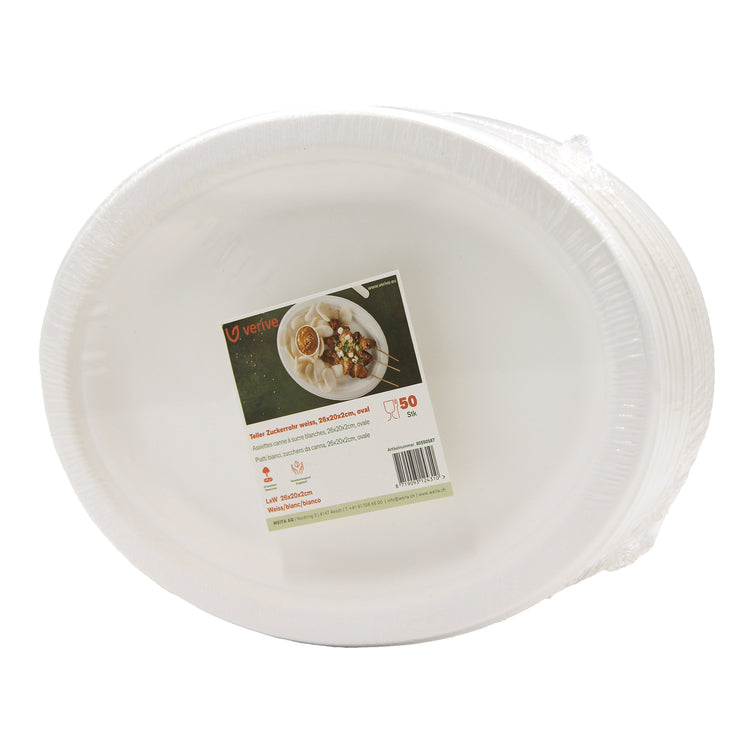 Verive Teller, Bagasse (Zuckerrohr) oval, 26 × 20 × 2 cm – weiss – OK compost INDUSTRIAL – 50 Stk.