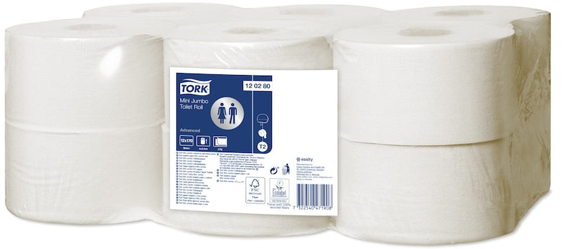 Tork Toilettenpapier Mini Jumbo – 2-lagig, Rollenlänge 170 m, 850 Blatt/Rolle – für Tork T2 – 12 Rollen