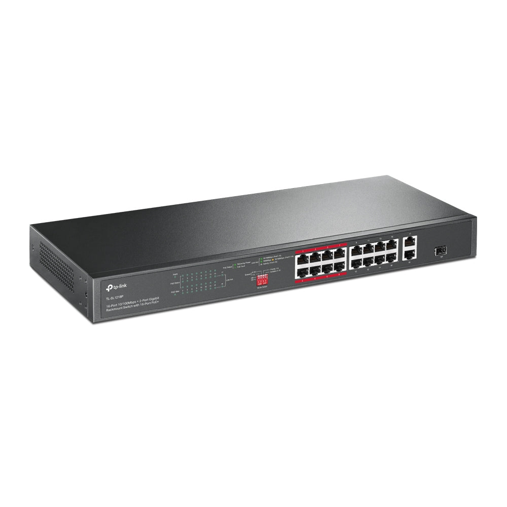 TP-Link TL-SL1218P – Unmanaged Switch – 16× 10/100, 2× 1G, 1× SFP, 16× PoE+, PoE-Budget 150 W, 19" 1U