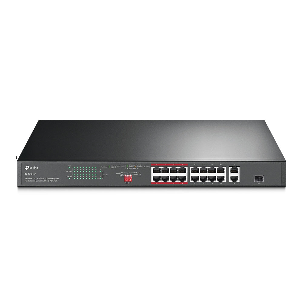 TP-Link TL-SL1218P – Unmanaged Switch – 16× 10/100, 2× 1G, 1× SFP, 16× PoE+, PoE-Budget 150 W, 19" 1U