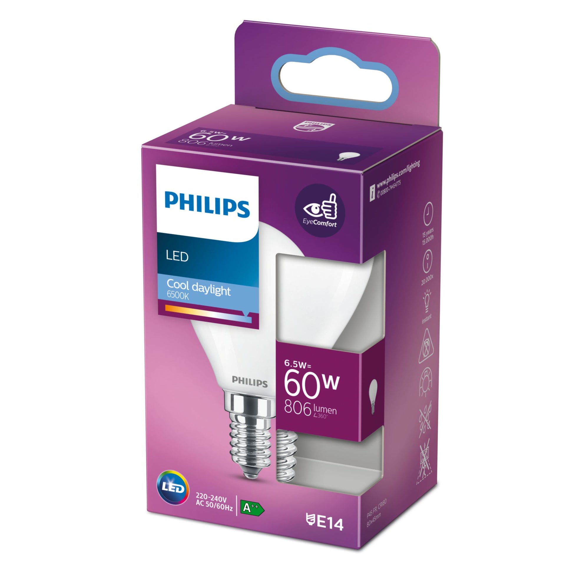 Philips by Signify Philips Leuchtmittel E14 Tropfenform – Kaltweiss 6500 K, 806 lm, 6,5 W – 1 Stk., Weiss